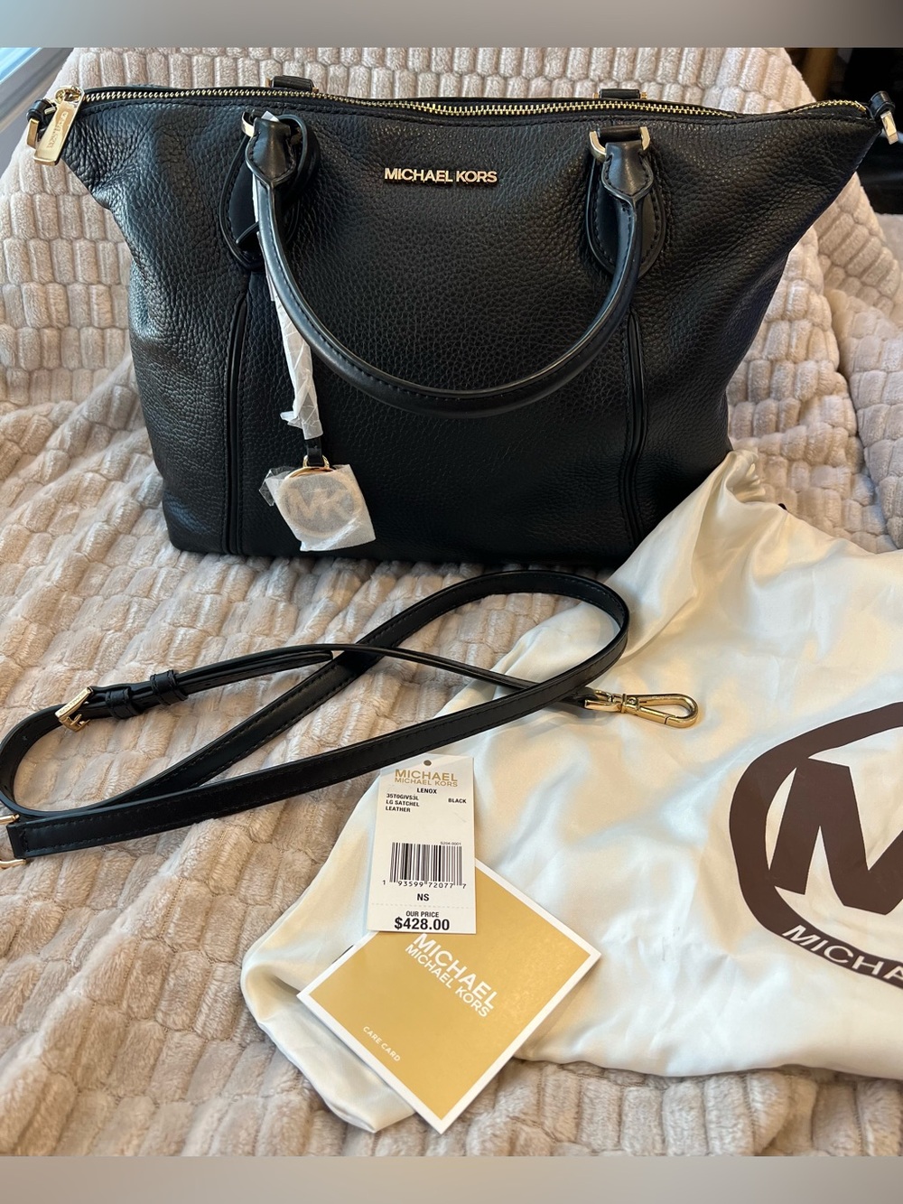 Michael Kors Lenox Black Pebbled Leather large Satchel Handbag Crossbody Purse